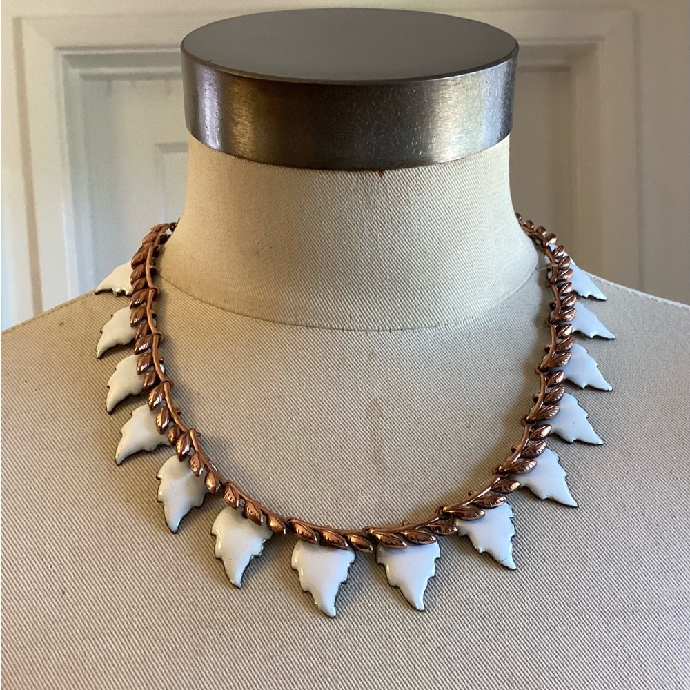Vintage 1950s Matisse White Enamel Copper MCM Mid Century Leaf Necklace